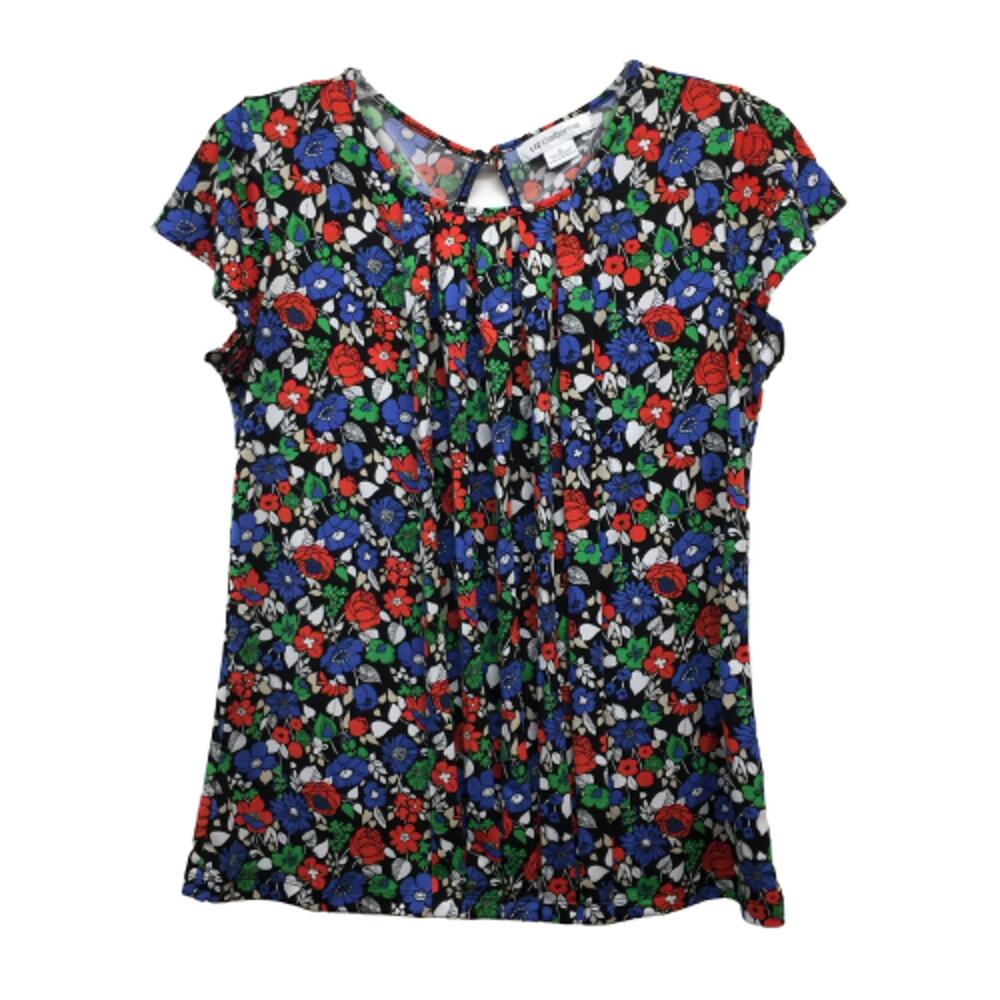 Liz Claiborne Blue Red Green Floral Short Sleeve Stretch Blouse Top S
